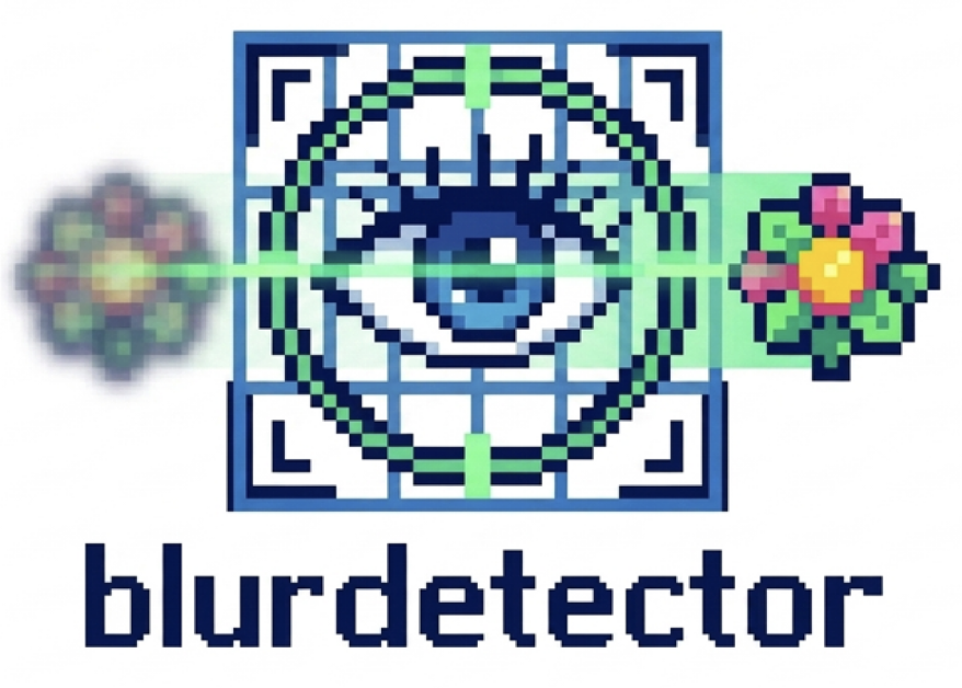 blurdetector — a pixel-art eye in a focus frame, telling a blurry flower from a sharp one